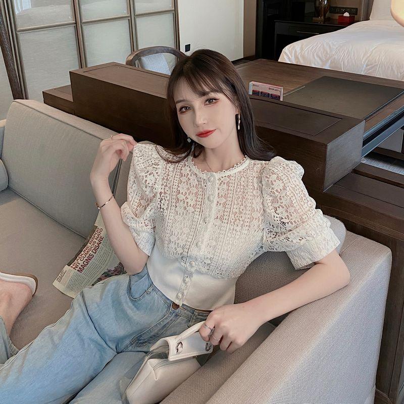 

Amoi Retro Hong Kong Style Patchwork Short Sleeve Tops Lace Black L