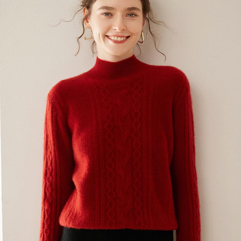 2025 Autumn/Winter Women's Cashmere Slim Fit Cable Knit Sweater - Thick Half-High Collar, Solid Color Base Layer