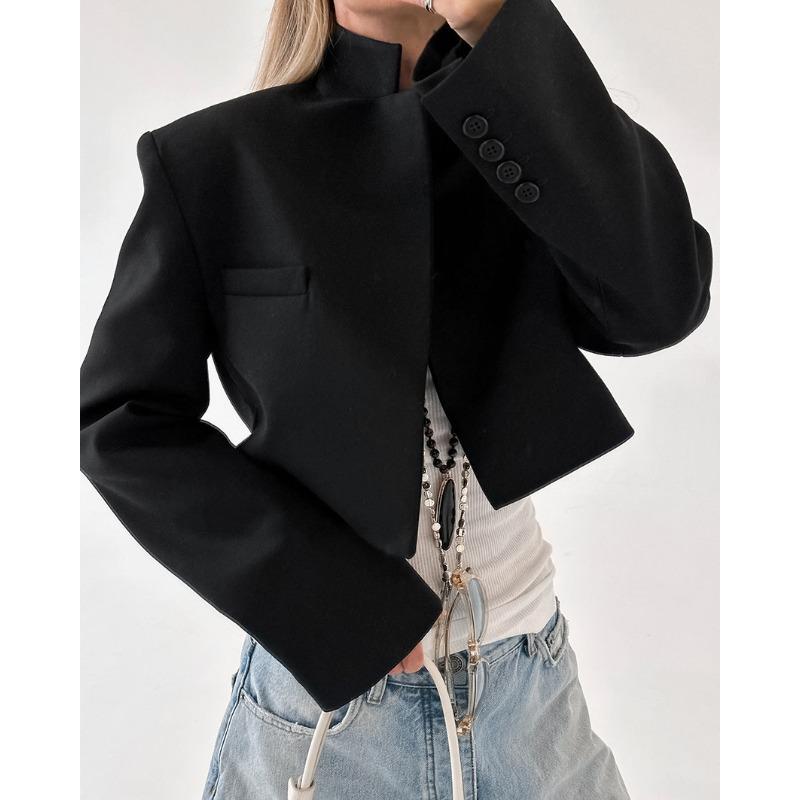Blazer Outerwear da Donna Nero Corto con Collo Alto a Manica Lunga per il Pendolarismo