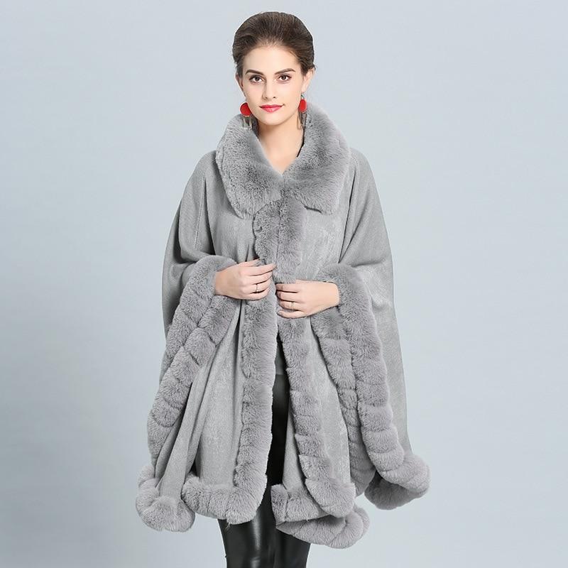 thumbnail image 2 of 11 Colors Faux Rabbit Fur Cape Coat For Women Lapel Overcoat Winter Warm Poncho Cloak Batwing Sleeves Loose Shawl Outer Wear Buy Cheaply On 2 of 10
