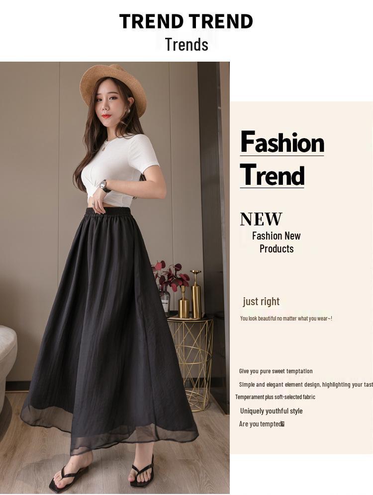 Women's Double-Layer Chiffon Wide-Leg Pants - Summer 2025, Elastic Waist, Casual, Slimming Nine-Point Length