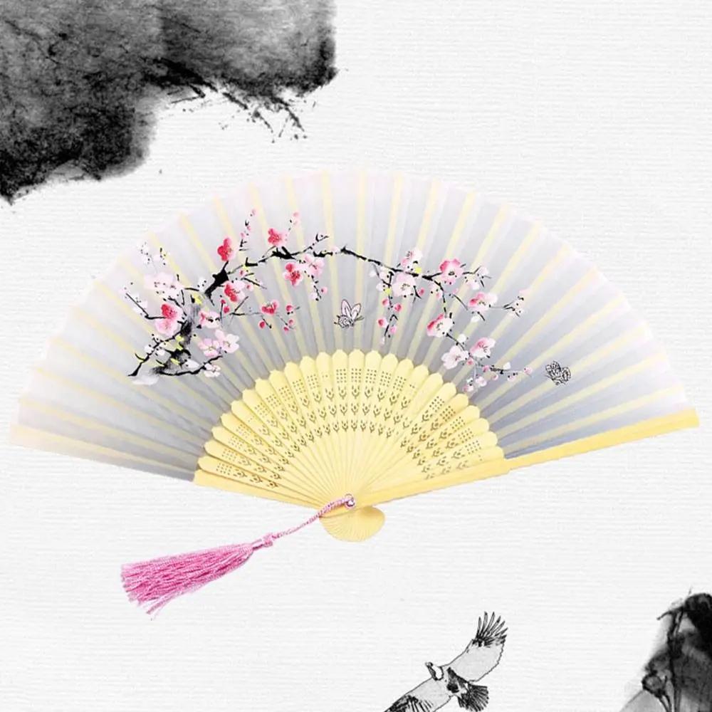 Silk Chinese Japanese Folding Fan Colorful Bamboo Vintage Style Folding Fan Hand Fan Tassel Elegent Female Fan
