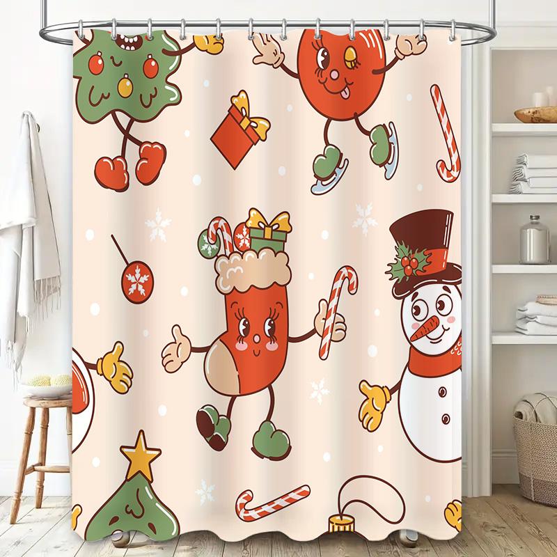 Christmas-Themed Shower Curtain Decorative Bathroom Accessories Waterproof Printed Fabric Christmas Tree Snowman Candy Cane Patt