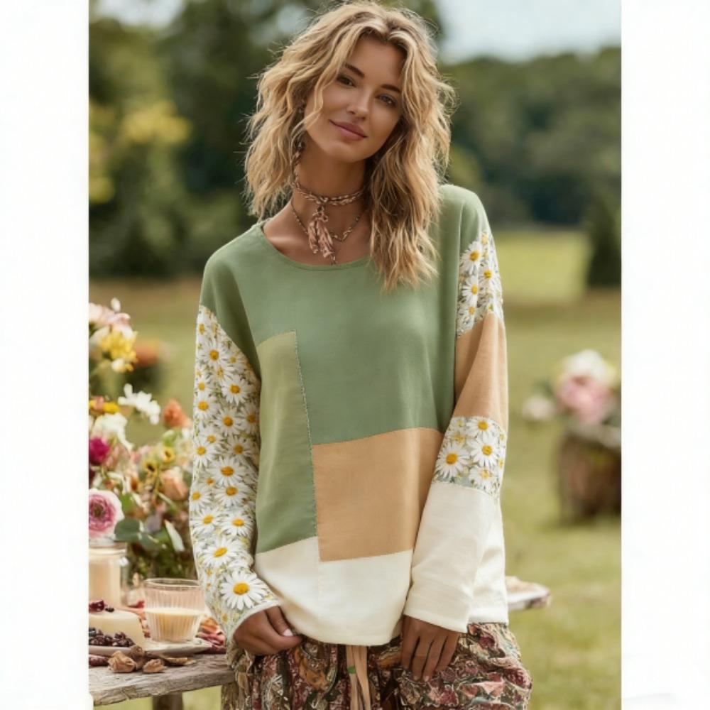 Europe America Fashion Splicing Colors Women's T-shirt Pullover Bohe Style Women Long Sleeve Clothing Outdoor Casual Tees Top