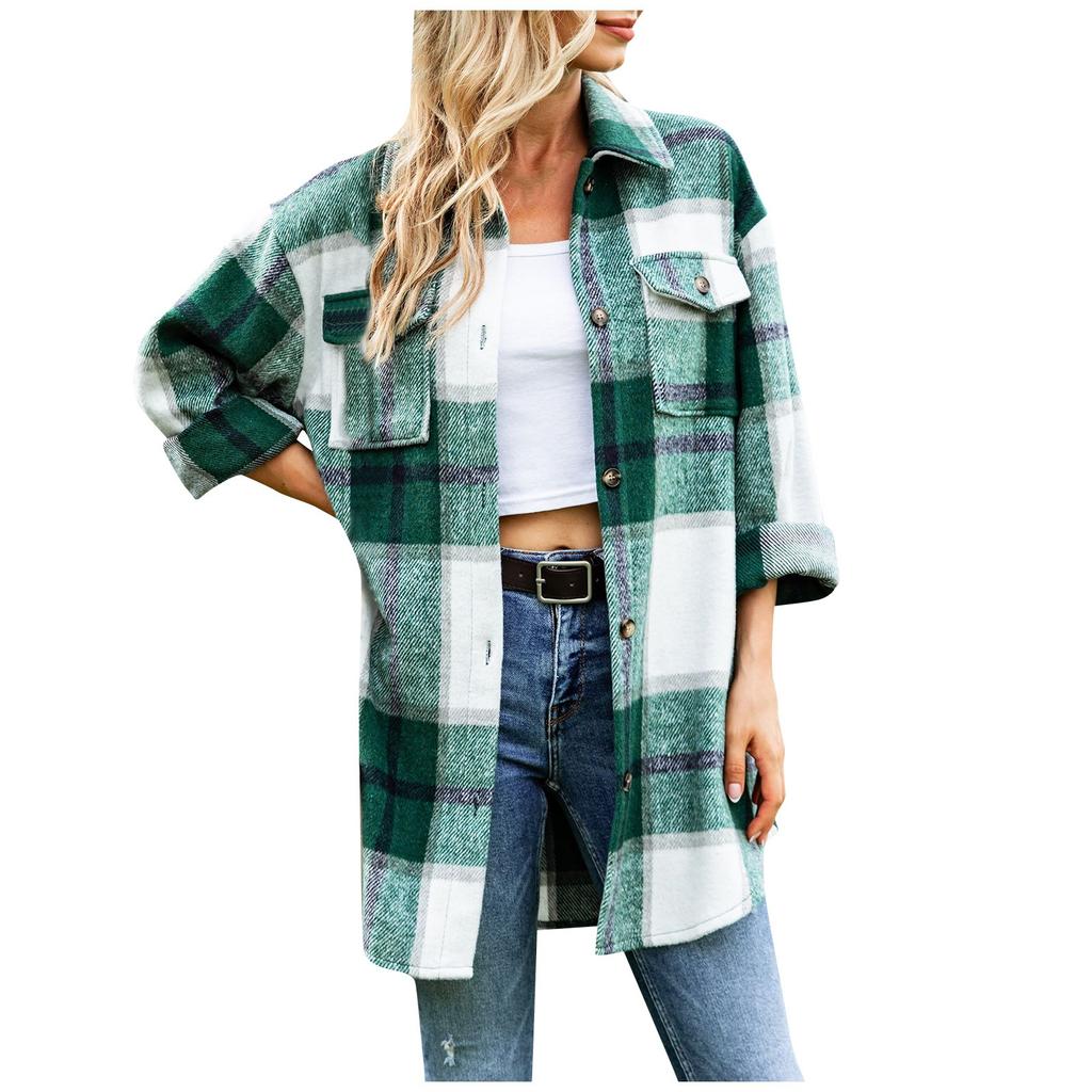 Women's Tweed Plaid Shirt Long Sleeve Single Breasted Lapel Casual Jacket