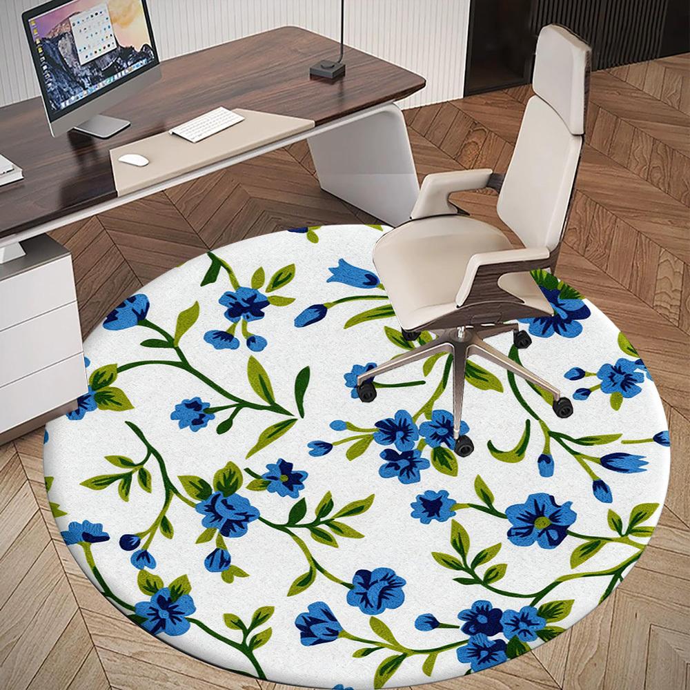 1pc Floral Pattern Blue Flowers Round Chair mat office Area Rug - Non-Slip, Floor Mat for Office, Bedroom, Ideal home decor gift p0105081