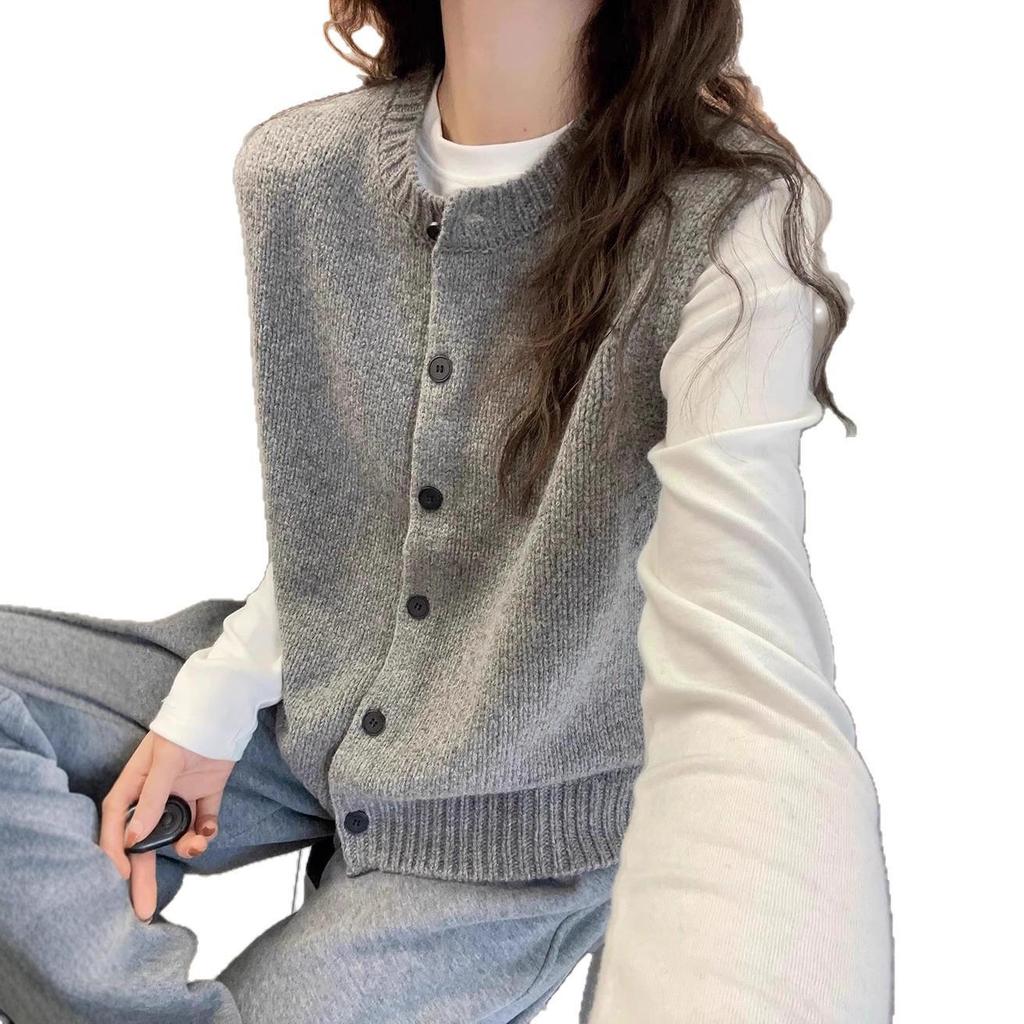 Women's Gray Wool Round Neck Cardigan Vest - 100% Wool, Perfect for Autumn/Winter Layering