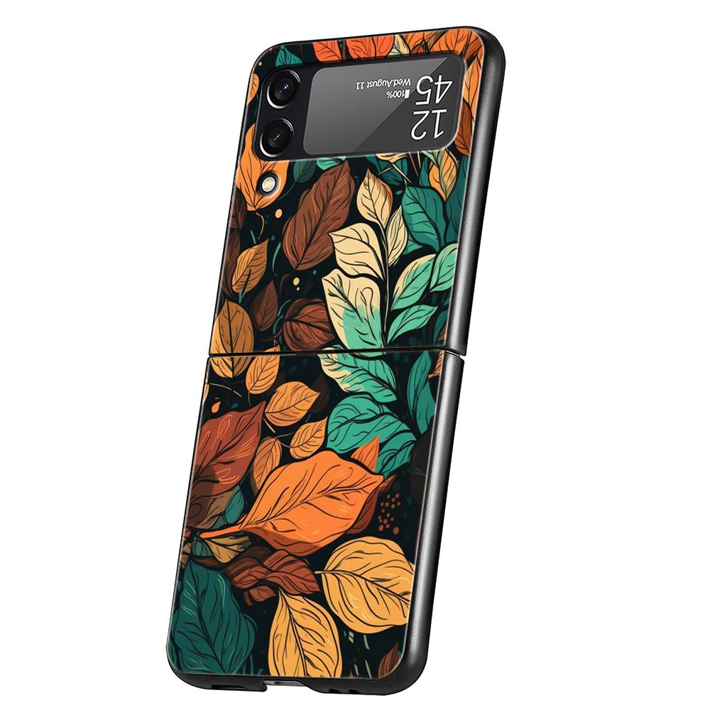 Colorful Leaves Hard PC Phone Case For Samsung Galaxy Z Flip 5 4 3 Black Cover For Galaxy Z Flip 6 Foldable Shockproof Case Capa