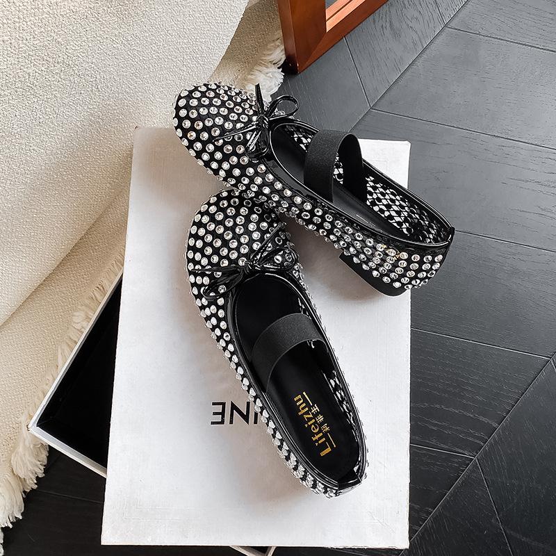 Fashion Europe Station Breathable mesh rhinestone spring and autumn one-word buckle with flat-soled single shoes spring and summer Mary Jane s