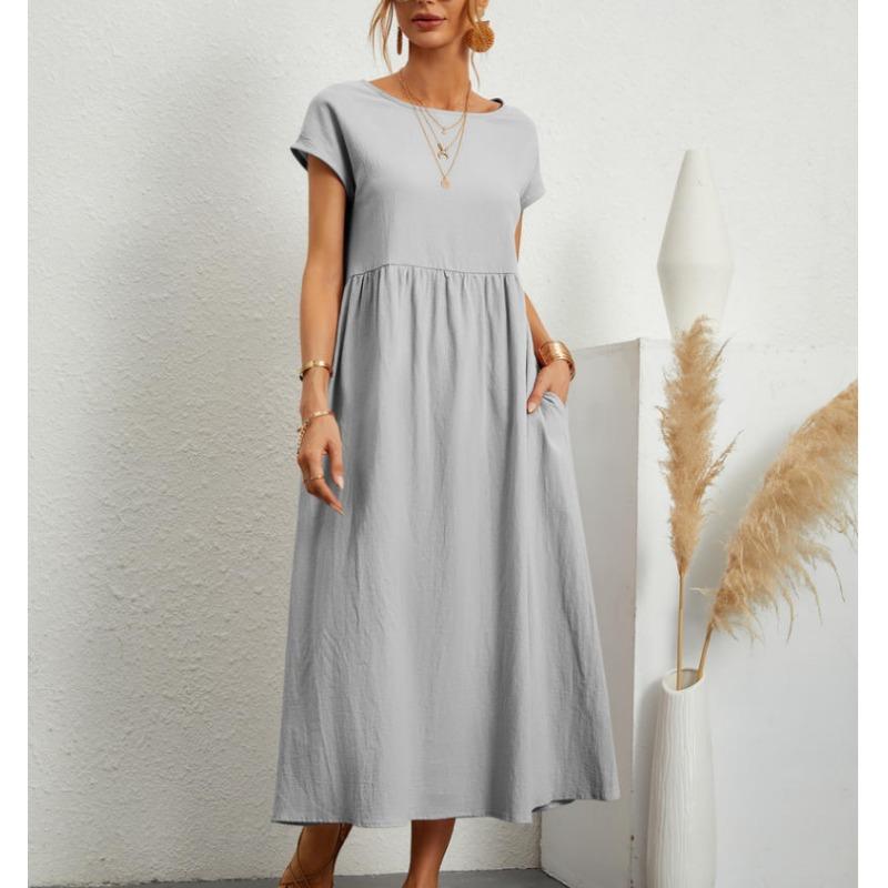 QICED Fashion Summer Spring Solid Color Print  Short Sleeve O-Neck Casual Dresses