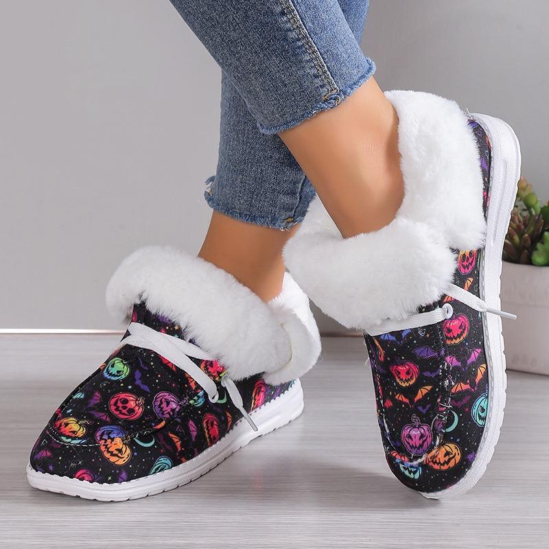 Plus Size Cotton Shoes Women's Winter 2025 New Casual Low-top Print Fleece Thickened Women's Snow Boots