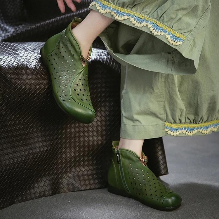Johnature Retro Summer Short Boots Flat Side Zipper Genuine Leather Hollow-out Breathable Women's Shoes