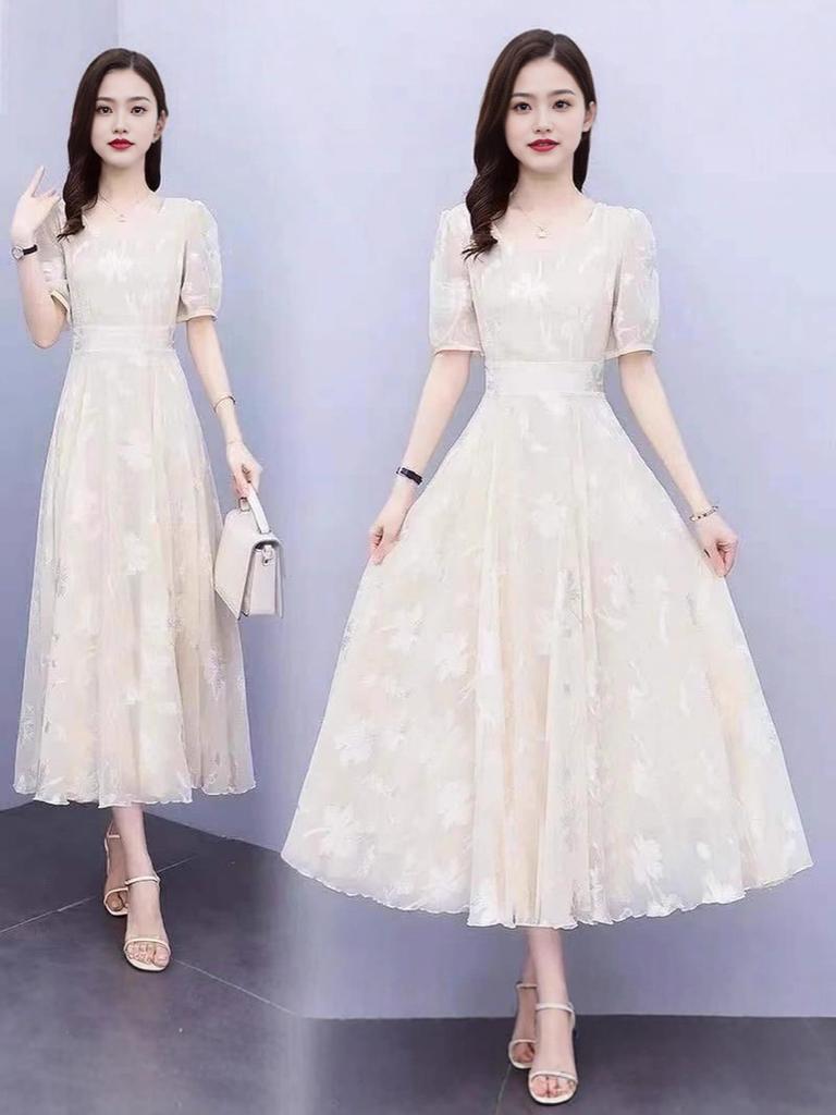 Summer Newest Chiffon Dress for Girls, Waist Slimming Bubble Sleeve French Style Maxi Dress