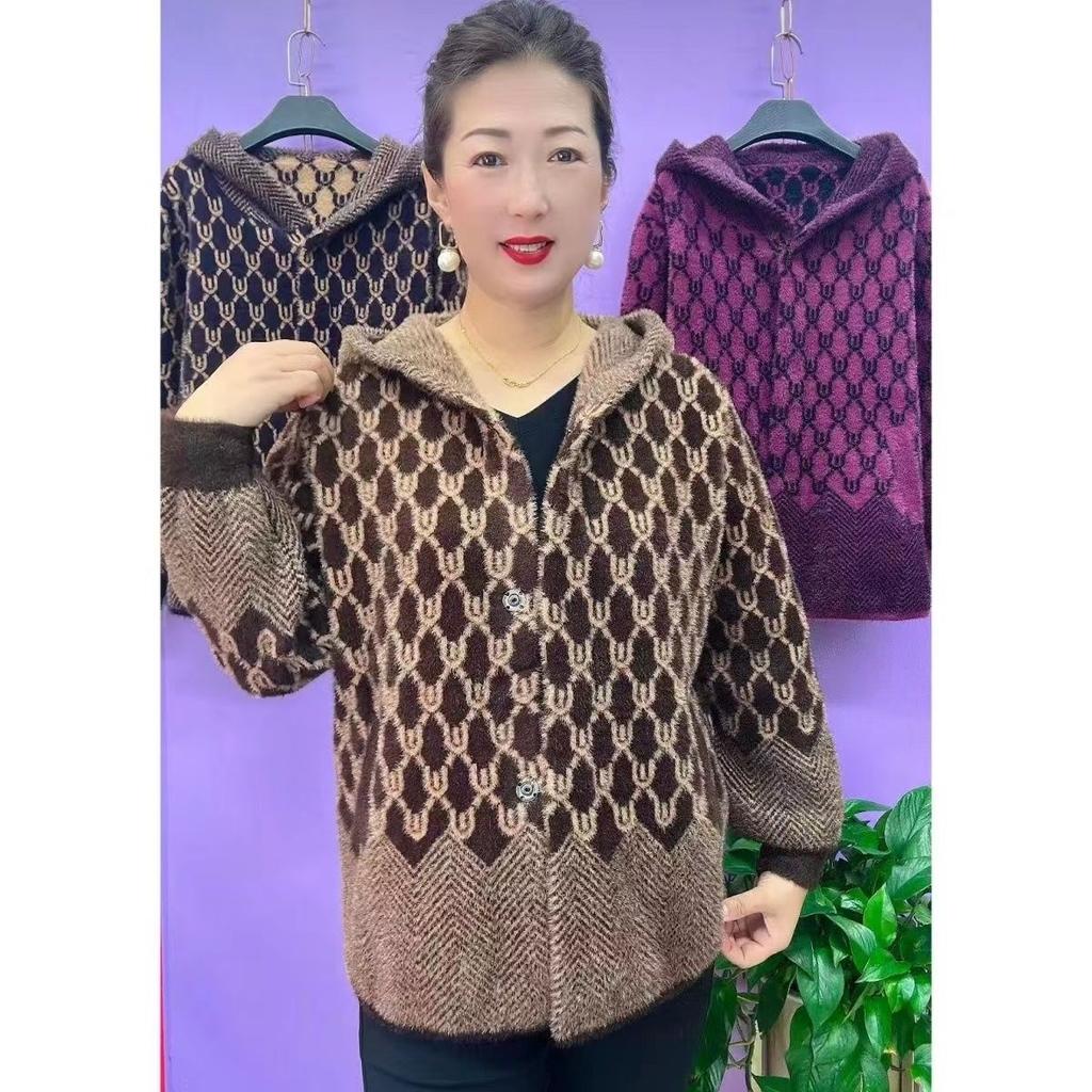 Imitation Mink VelvetShort Woolen Coat Fall Winter Middle Aged Women Knitted Cardigan Sweater Zipper Coats