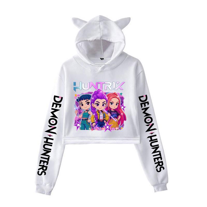 Kpop Demon Hunters Cropped Topper Katteører 2-sidig Langermet Cropped Topp Jentemote Hettegenser