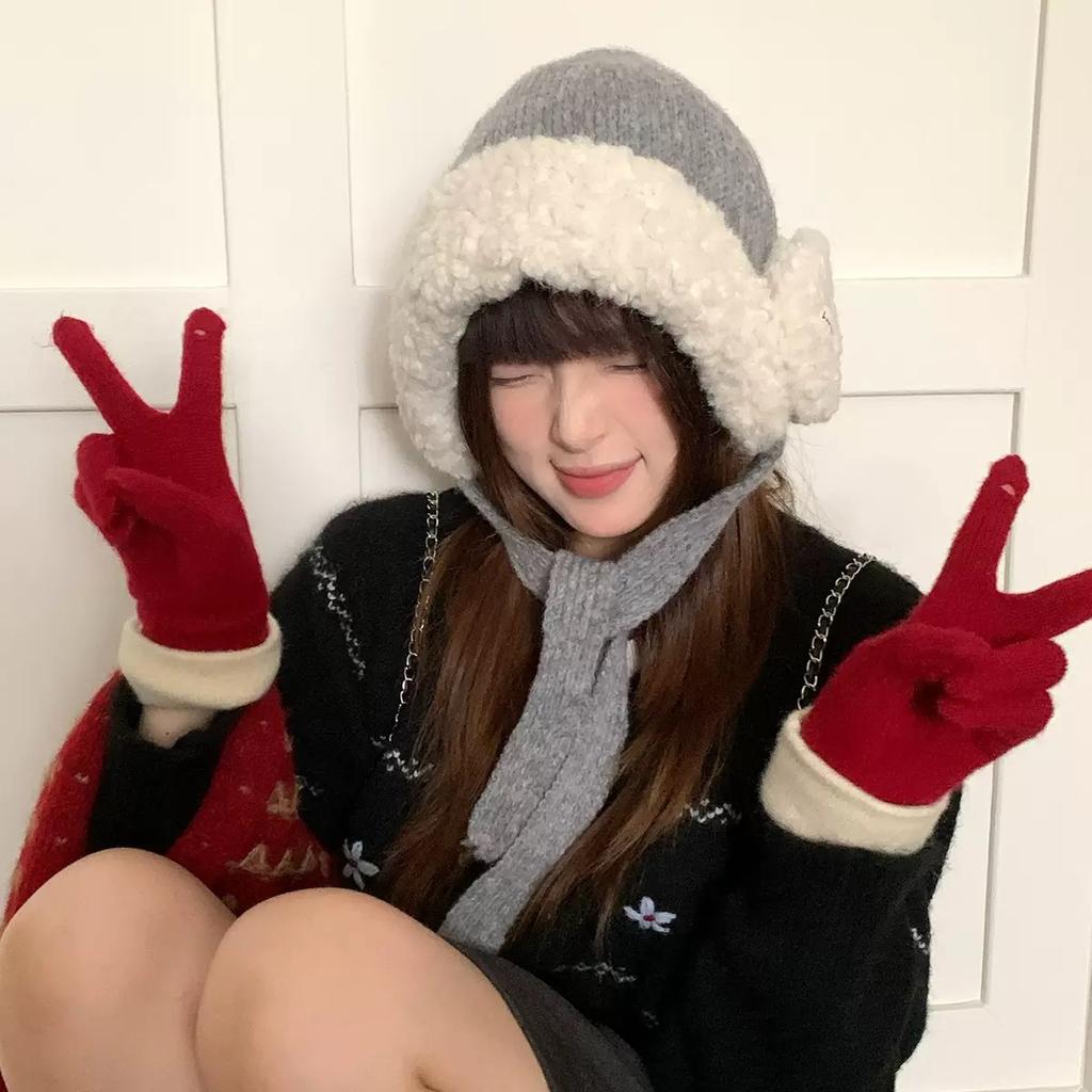 Autumn and winter plush thickened red ear protectors wool hat women's big head circumference warm knitted hat strapped Lei Feng hat tide