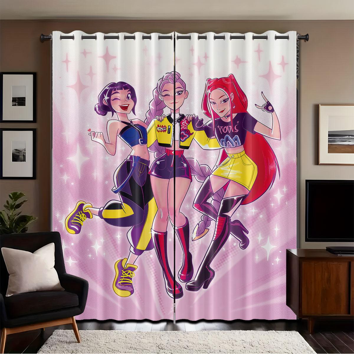 

2Pcs K-Pop Demon Hunters Print Perforated Blackout Curtains Multiple Size Living Room Insulation Decoration, Machine Washable 140x160&Grommet Top