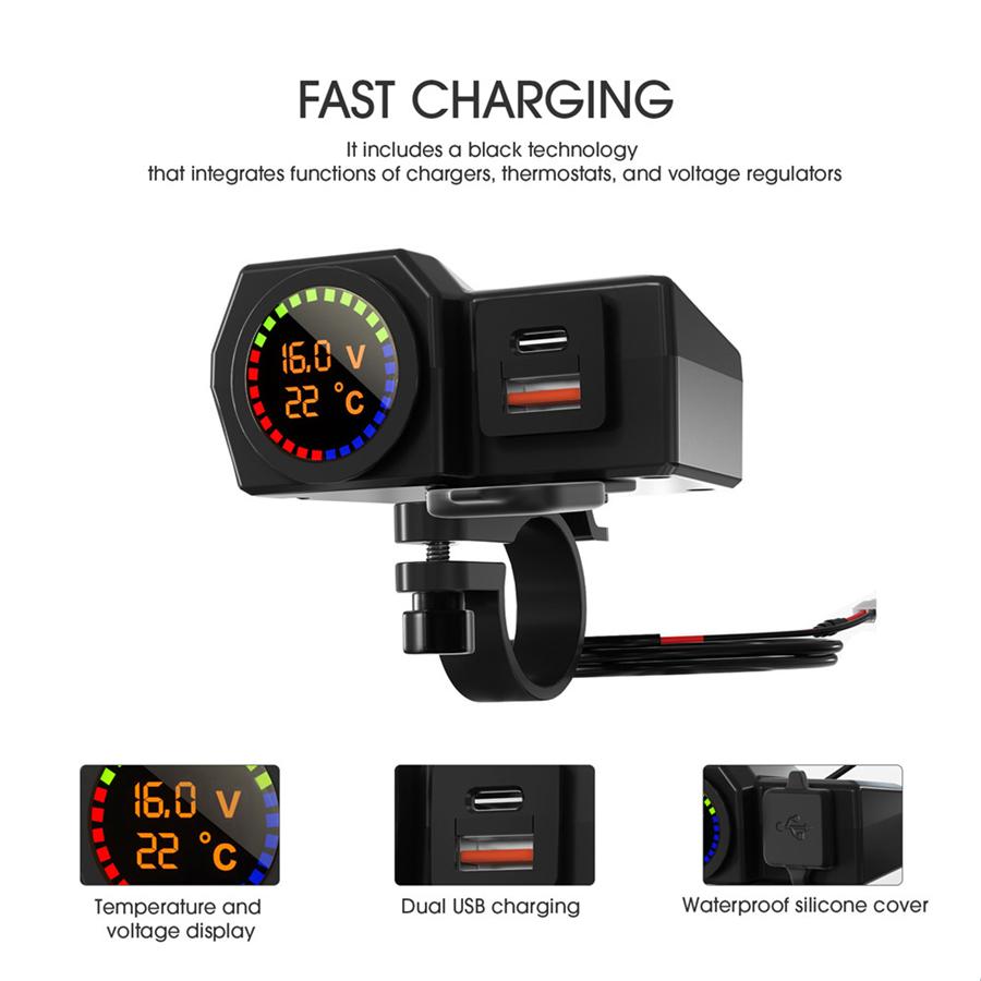 Motorcycle USB+Type-c Port Mobile Phone Charger With Temperature Voltage Display