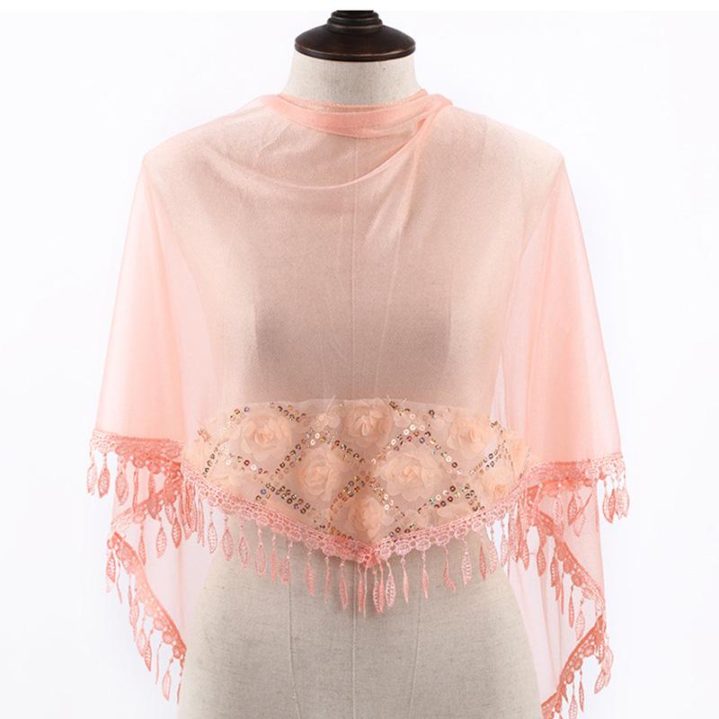 Korean Women Winter Long Neck Protection Plush Warm ShawlSolid Sequin Fragmented Flower Embroidery Lace Tassel Triangle Scarf