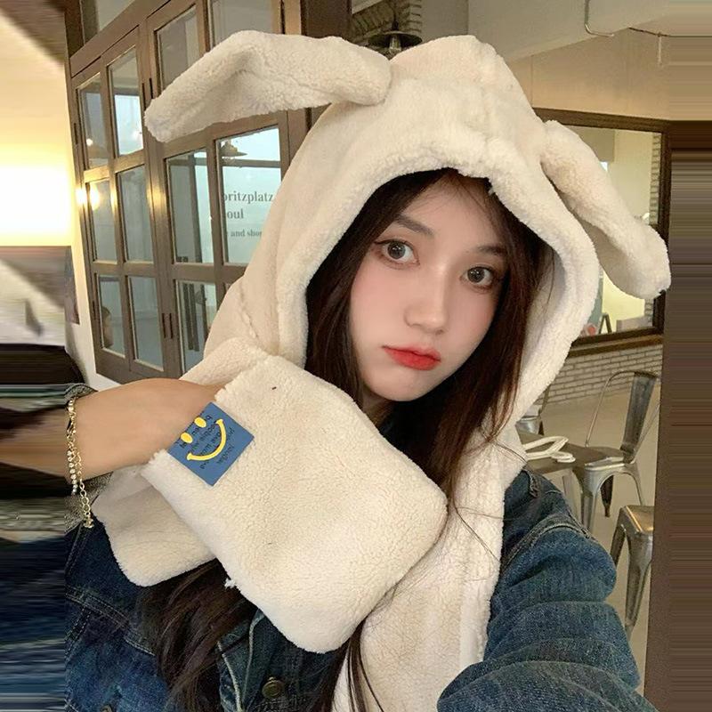 Autumn and Winter Hats for Women Cute Rabbit Ear Scarf  Integrated Warm Plush Gloves Three Piece Set  Korean Style Versatile Scarf