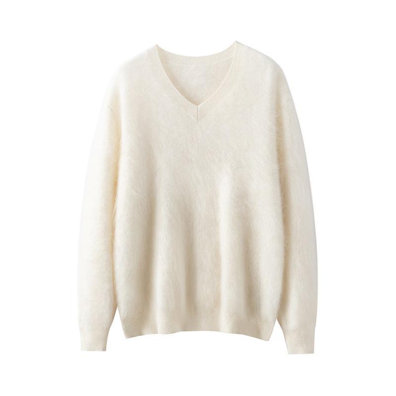 Korean Style V-Neck Women's Loose Slimming Pure Cashmere Sweater - Autumn/Winter Knit Base Layer Top