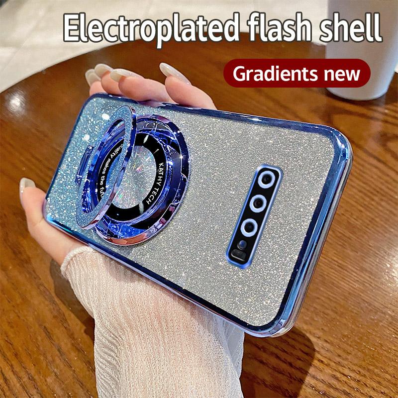 

Glitter Electroplate Case For Samsung Galaxy S10 S20 S21 S22 S23 S24 S30 Plus Ultra Magnetic bracket Soft Bumper Cover Case Carbon Fiber синий