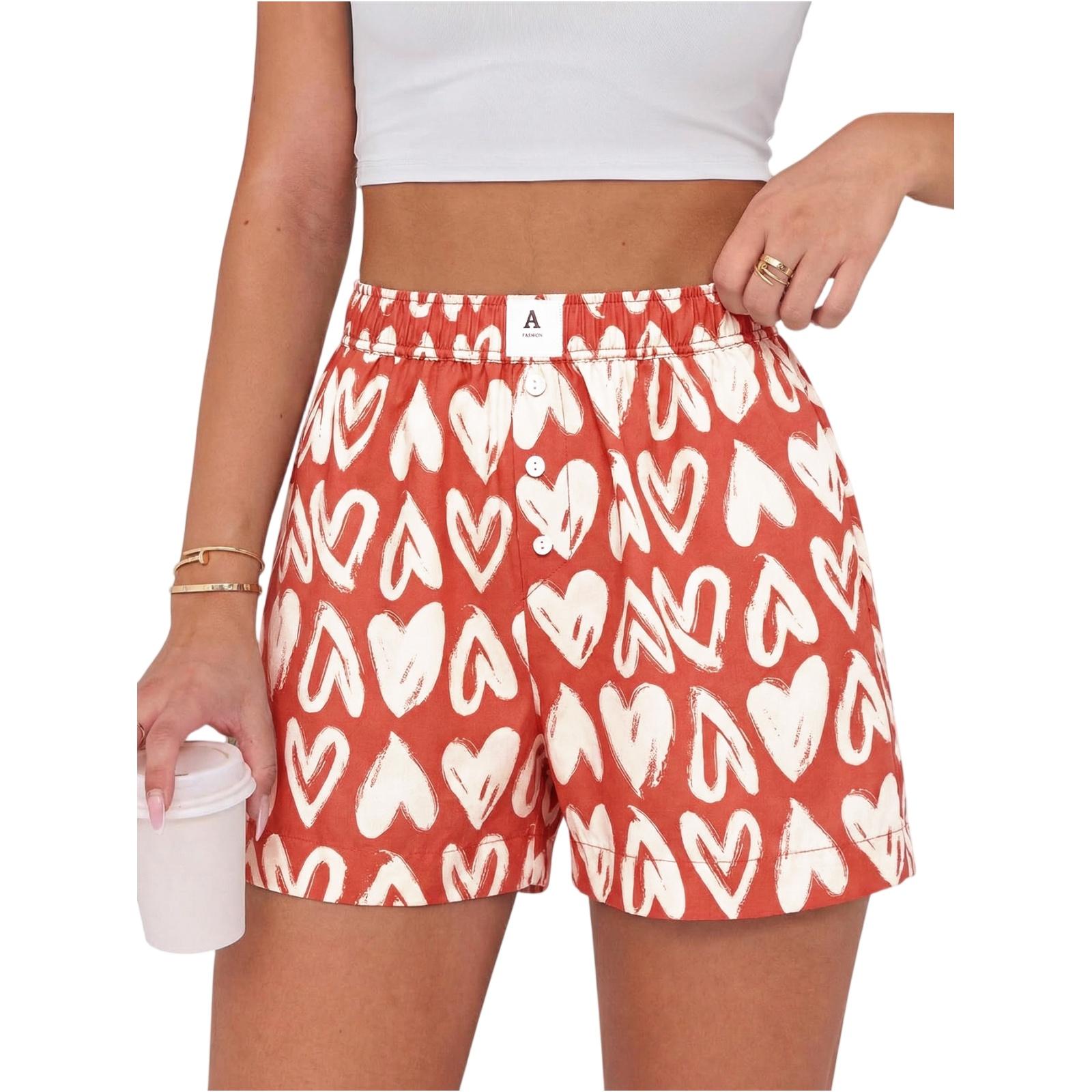 Women s Casual Comfort High-Waisted Loose Printed Shorts S красный