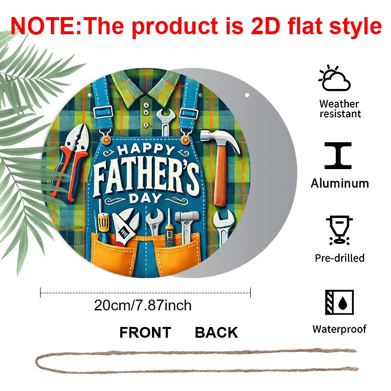 2D Flat, 1pc Round Happy Father's Day Aluminum Hanging Sign, Tool Apron Plaid Design, Durable Metal Wall Decor, Perfect for Dad Gift, Home, Bar
