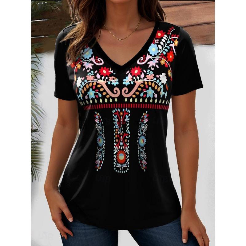 Women's T Shirt Graphic Geometric Vintage Stylish Casual Sleeveless Short Sleeve V Neck Regular Tops Daily Print Summer Spring