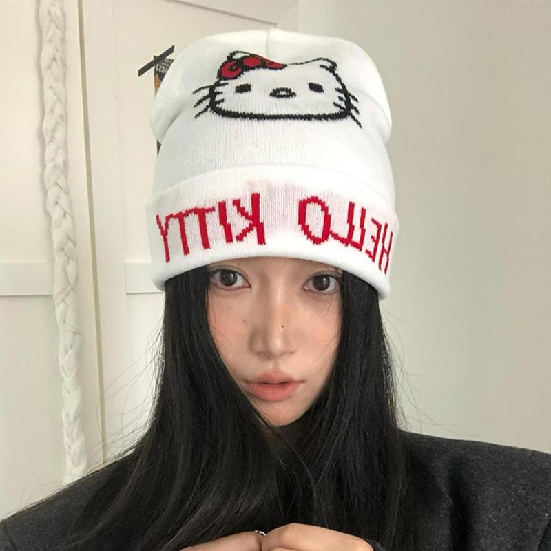Cute Cartoon Hello Kitty Wool Knitted Hats Autumn And Winter Warm Beanies Comfortable Versatile  Personal Cap