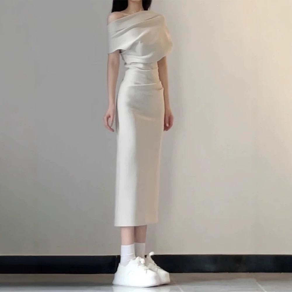 Temperament sexy slanted shoulder short-sleeved dress women's summer slim-fit one-word shoulder long dress showing figure waist hip skirt