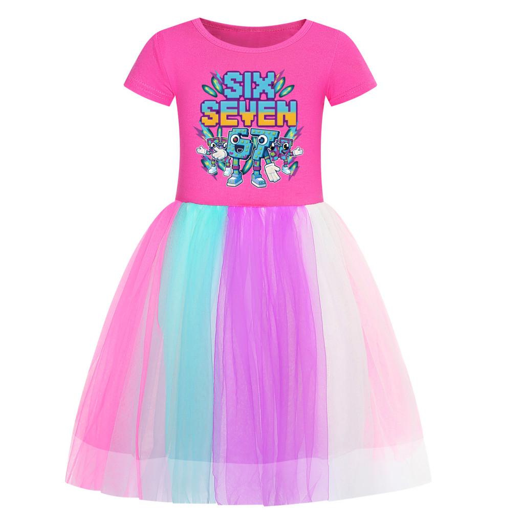 5220 Kids Girls Steal a Brainrot 67 Six Seven Print Mesh Rainbow Round Neck Casual Casual Cotton Dress