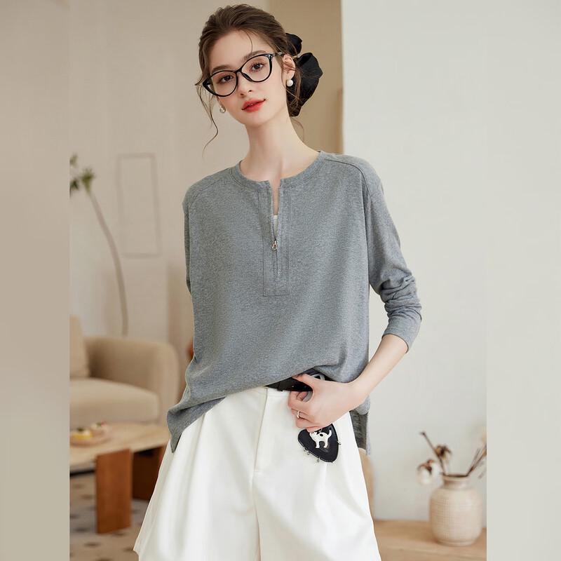 Bailuyu Women's Round Neck Half-Placket Long Sleeve T-Shirt