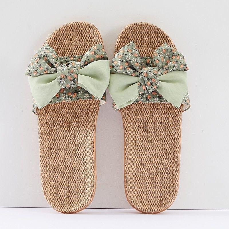 

Корейская версия льняные тапочки с бантом для дома, с мягкой подошвой, милые, нескользящие, домашние тапочки, дышащие и освежающие, для салона красоты 39-40