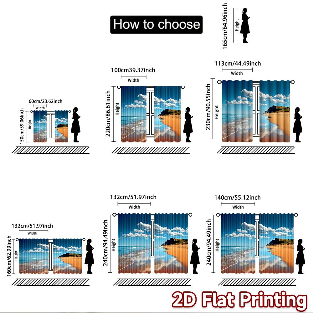 2D flat printing 2pcs Party Window Curtains Beach Cliffs Ocean Waves Cloudy Sky Digital Printed Polyester Drapes Festive Wall