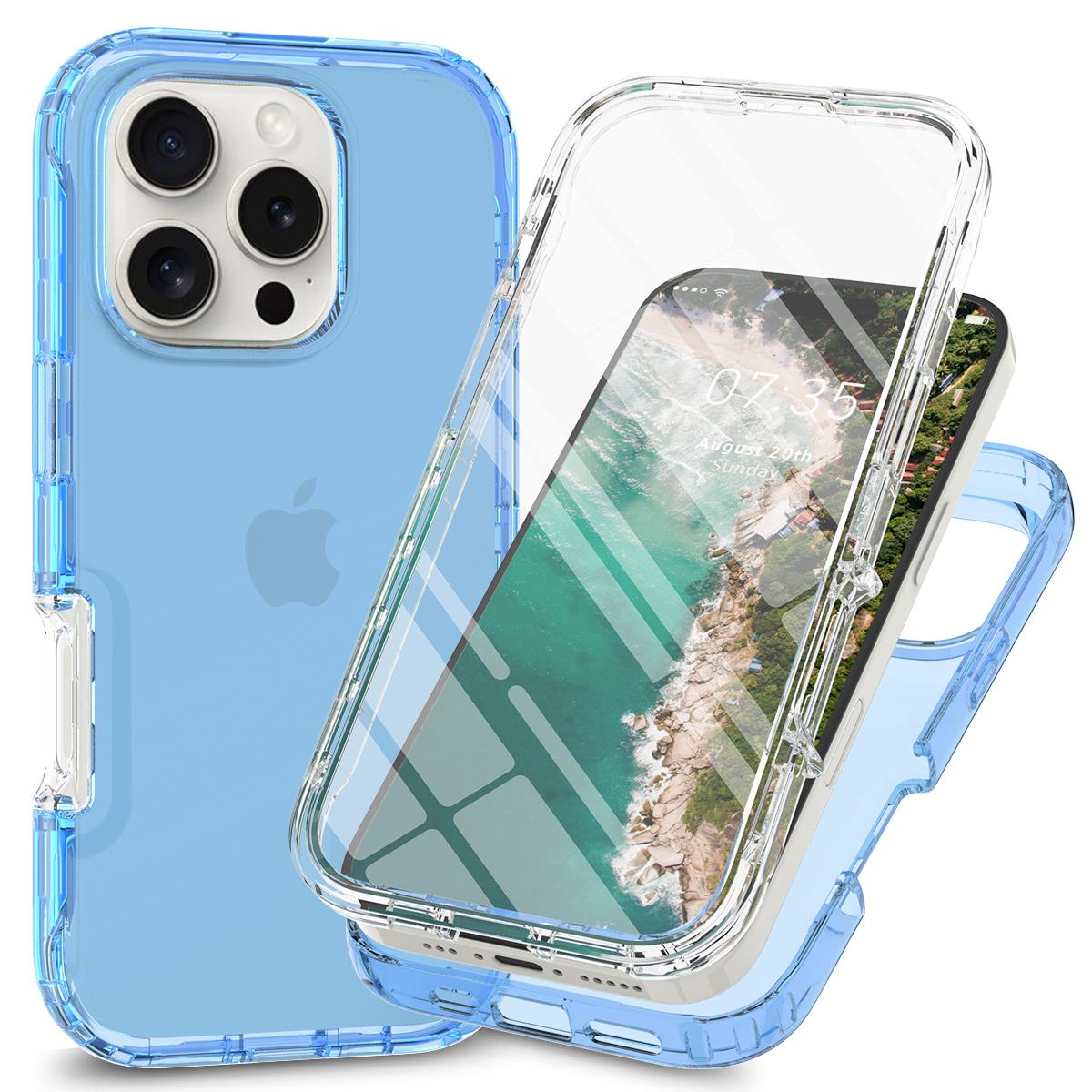 

For iPhone 16 Pro Max Case TPU+PC Full Protection Shockproof Phone Cover with PET Screen Guard Blue
