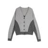 French Style High-End Color Block V-Neck Cardigan Sweater Women Sweater Medium-Gray EM40222