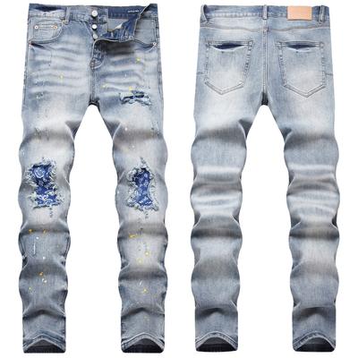 Styl Transgraniczny PU Marka Styl High Street Plamiona Farba Haft Dziura Łata Slim Fit Mała Nogawka Jeansy