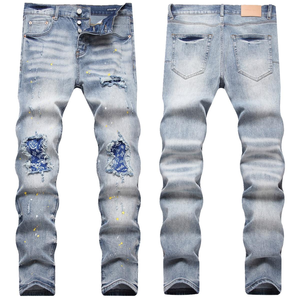 

Стиль Кросс-Бордер ПУ Бренд Уличный Стиль Брызги Краски Вышивка Рваные Дыры Заплатки Приталенные Джинсы Маленькие Штанины 32 синий