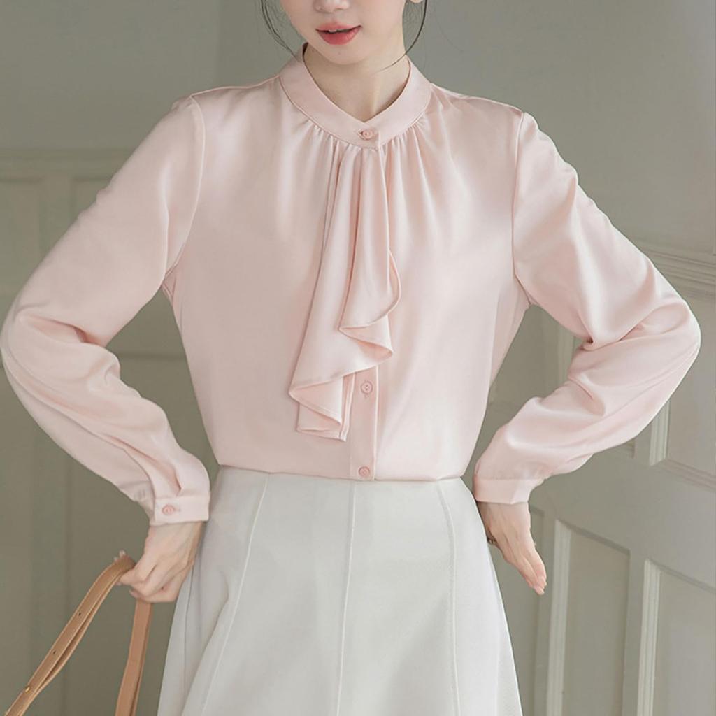 [SYitong] Women's Long-Sleeved Plain Blouse, Stylish, Washable, Collarless, White/Pink, Lined, Business/Office Wear, Cute, Popular, Perfect for Dates,