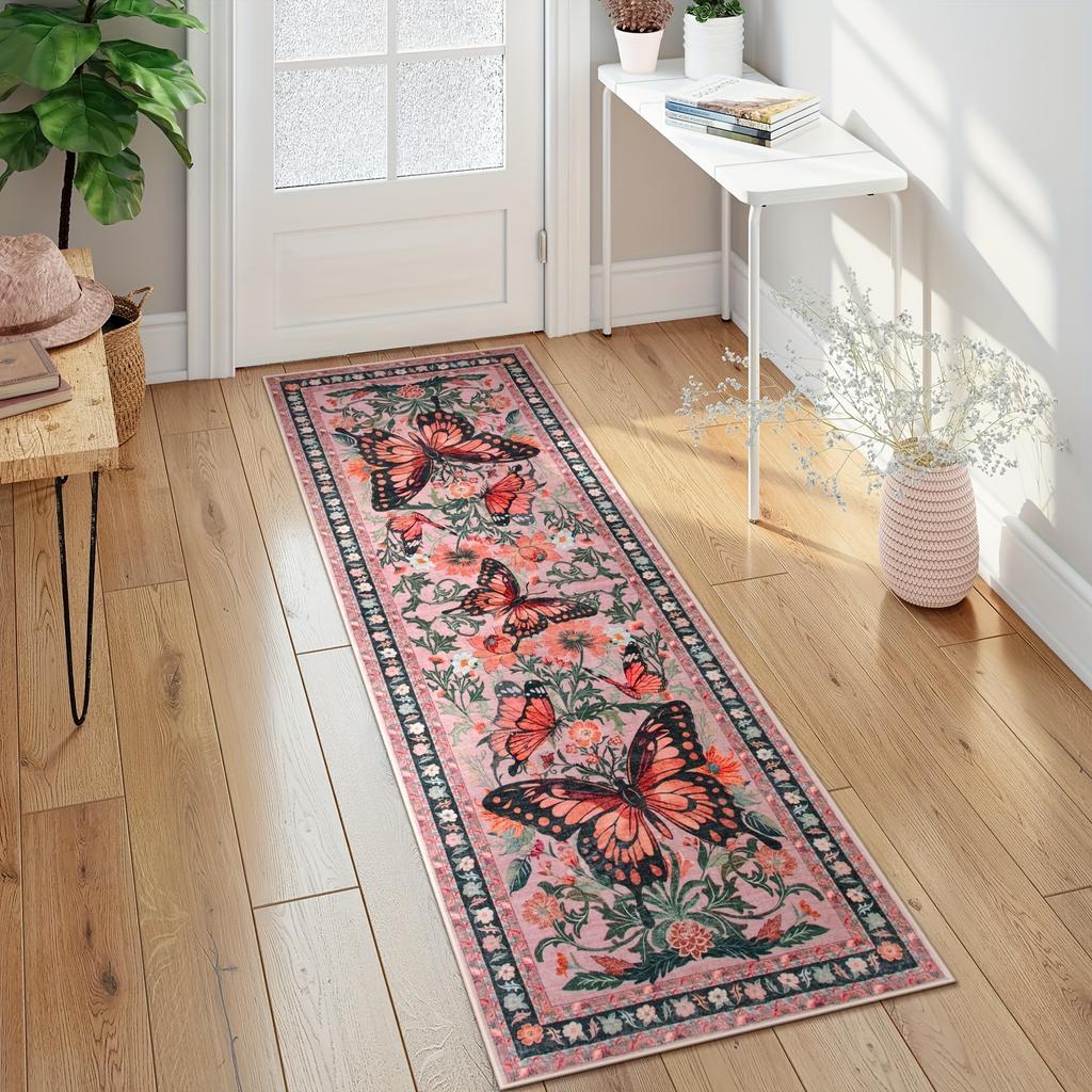Vintage Butterfly Flower Runner Rug Non Slip Long Carpet for Entryway Hallway Bedroom Retro Boho Home Decor Durable Easy Clean