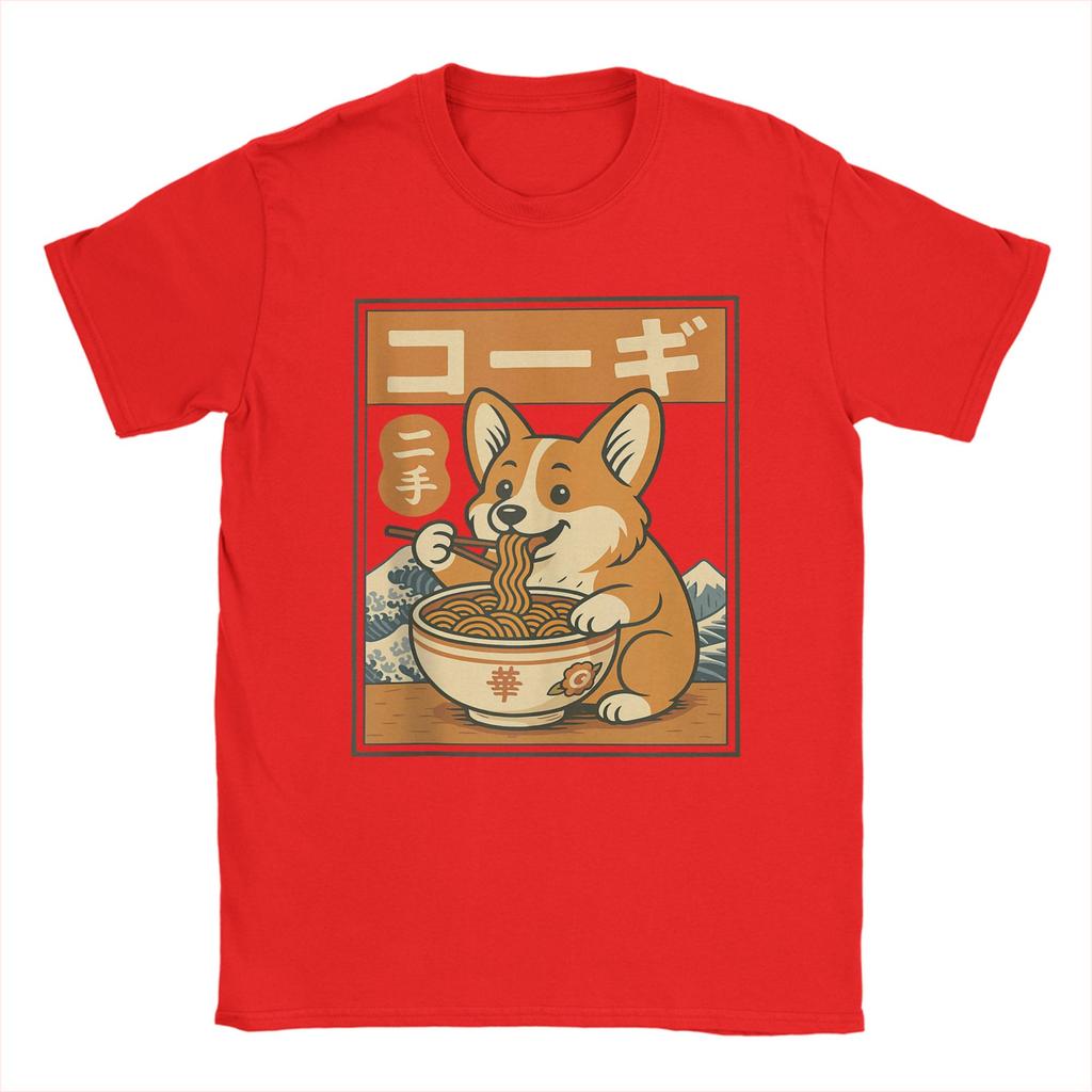 Corgi Eating Ramen T Shirts for Men Cotton Leisure TShirts Round Neck Tees Short Sleeve Tops Plus Size