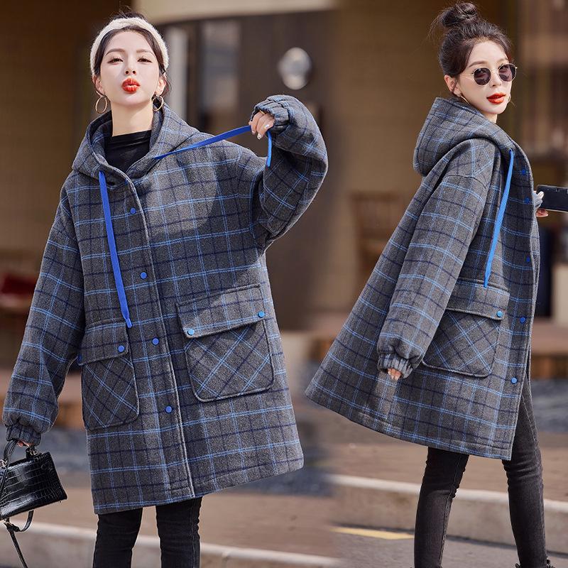 

Женское клетчатое хлопковое пальто с капюшоном - Зимняя мода 2024, Теплая шерстяная куртка свободного кроя M (90-115 Jin)