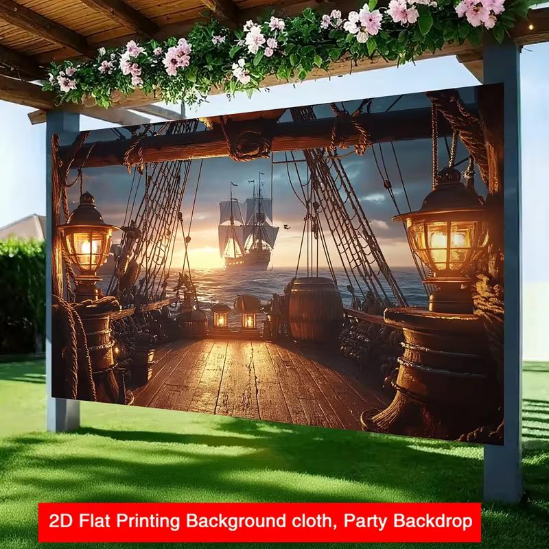 Nautical Pirate Ship Backdrop - Sunset Deck Lanterns Ocean Background