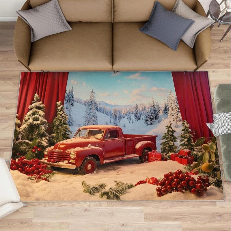 Vintage Christmas Red Truck Area Rug Festive Winter Snowy Pine Tree Print Carpet Non-Slip Indoor Floor Mat for Living Room