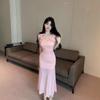 Pink mesh suspender dress women's summer beautiful seaside vacation beach dress hip fish tail long skirt