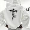 American Retro Ink Cross Back Print Hooded Sweater, High Street Loose Shoulder Couple Hoodie