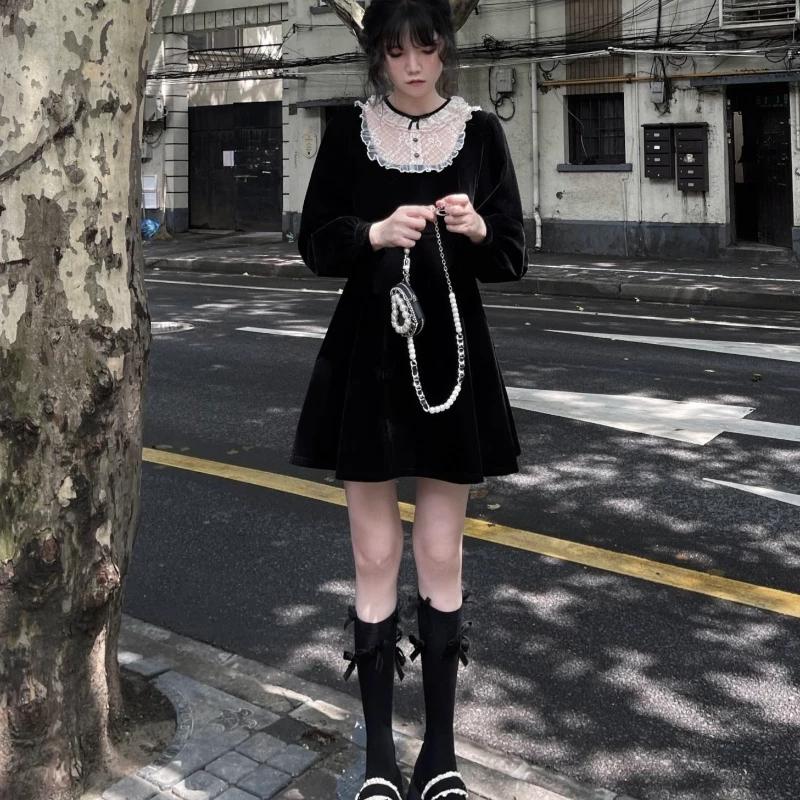 Buy Black Kawaii Mini Dress Y2k Gothic Lace Velvet Patchwork
