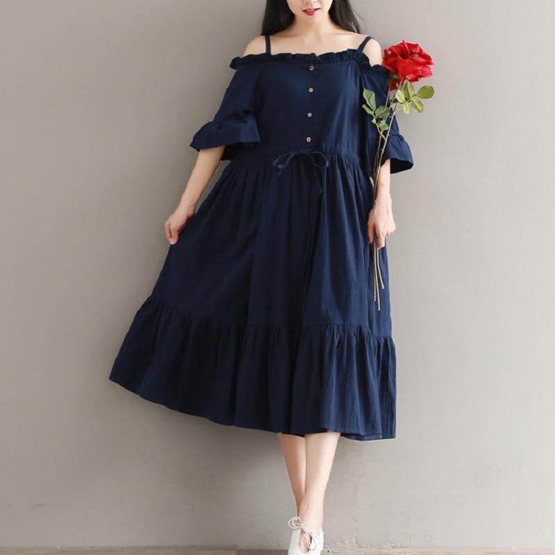 Mori Girl Summer Women Midi Dress Sleeve Femininos Strap Cotton Elegant Sweet Pleated Dress