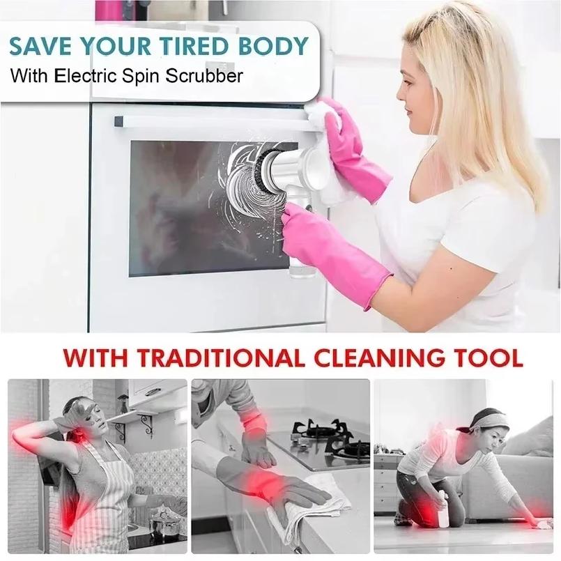Electric Spin Scrubber Bathroom Cleaning Brush with 5 Brush Heads 5 in 1 Cleaning Brush Kitchen Dishwashing Brush Gadgets